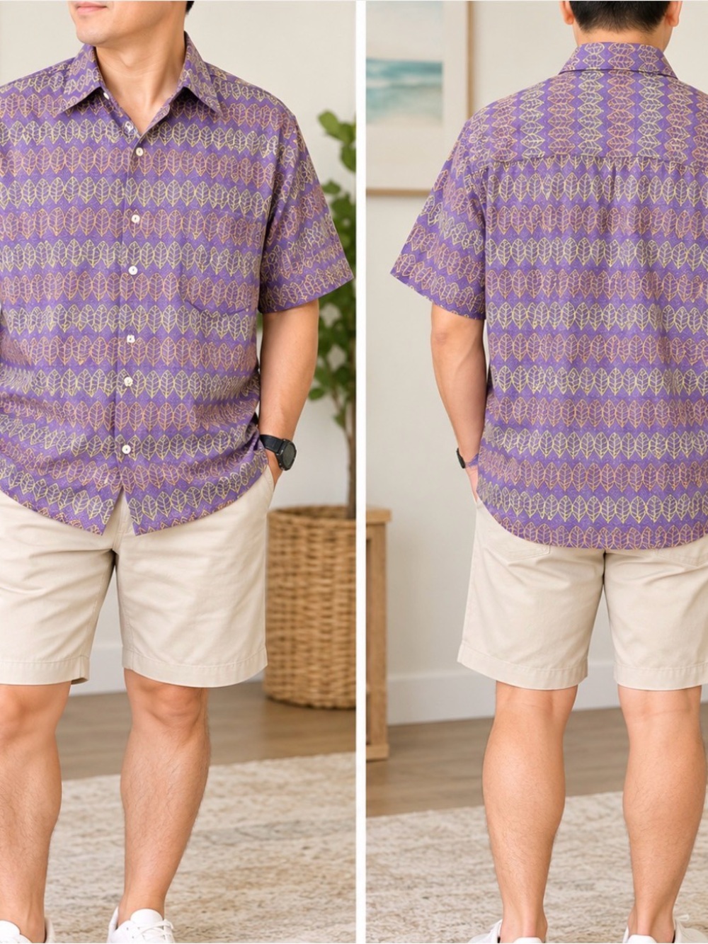 Tori Richard Honolulu Purple Leaf Print Cotton Lawn Shirt Men’s L